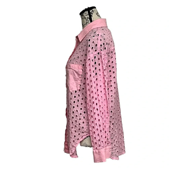 Lena Pink Sheer Eyelet Crochet Button Up Blouse Barbie Preppy Coastal M Y2k - Picture 4 of 12
